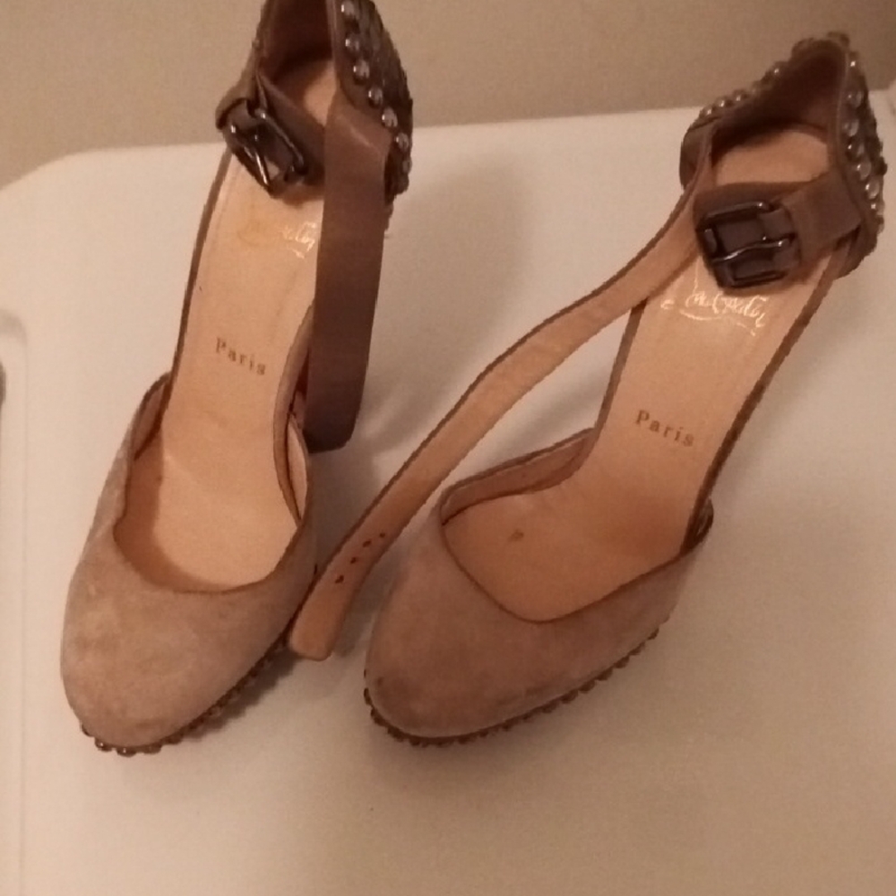 Christian Louboutin Taupe Suede Ankle-Strap Heels with Stud Buckle